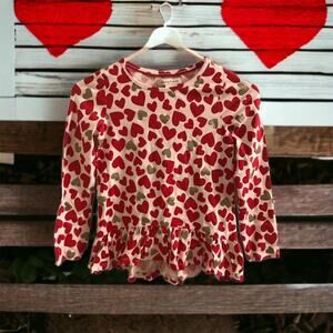 Tommy‎ Bahama Long Sleeve Cotton Red and Gold Hearts Ruffle Top-Girl's Size 7
